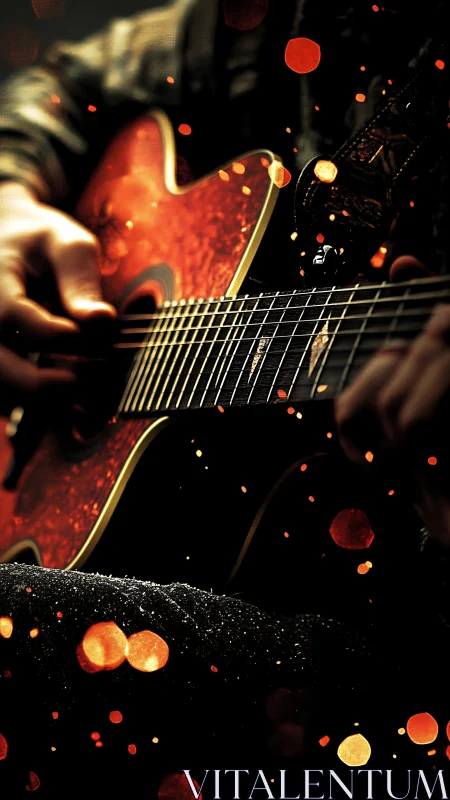 Close view shows fingers playing acoustic guitar strings