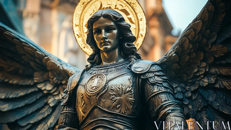 Bronze winged archangel statue with radiant gilded halo detail.