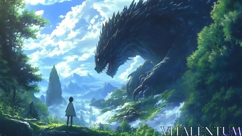 Solitary child faces giant dragon in bright valley landscape.