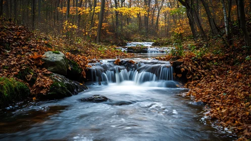 Forest stream cascading through vivid autumn foliage at dusk.