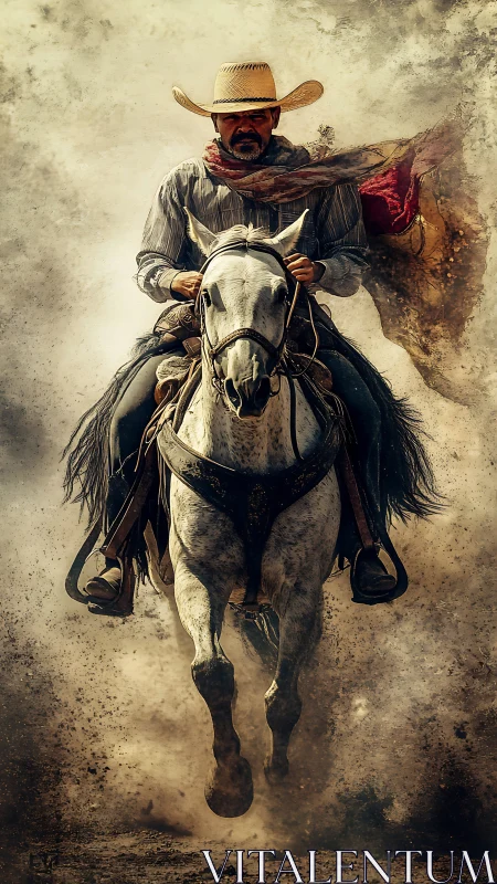 Dusty trail cowboy rides forward with bold, unstoppable spirit