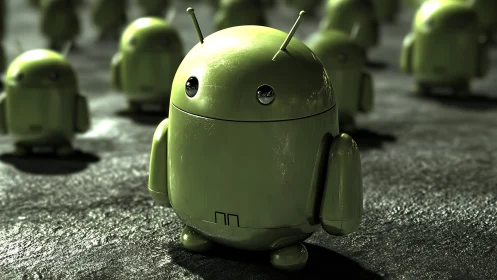 Specular-lit android mascot swarm in metallic parade formation.