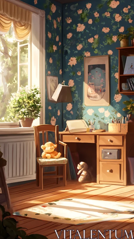 Sunlit child’s study corner with desk and toys.