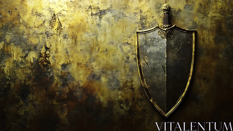 Weathered steel shield on distressed golden plaster wall