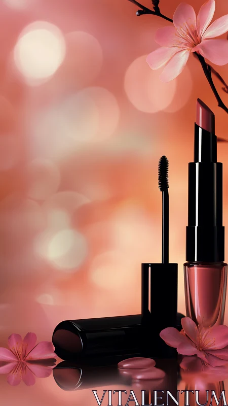 Romantic rose makeup set glows amid soft bokeh light.