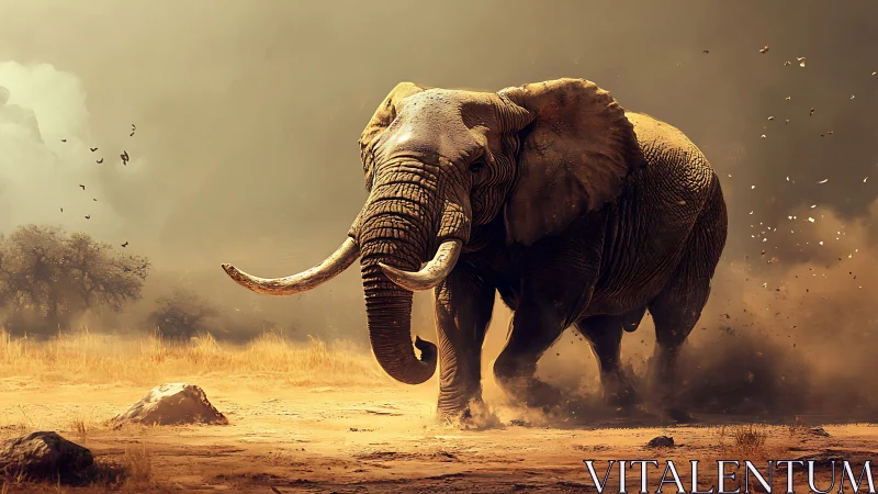 Photorealistic charging elephant in cinematic dust storm scene.