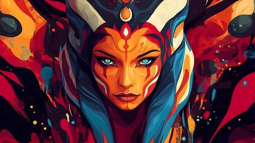 Chromatic horned sorceress portrait in vector fluid dynamics.