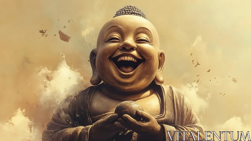 Golden laughing Buddha statue radiates joy through soft clouds
