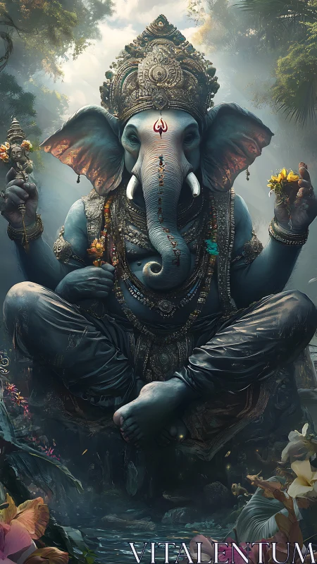 Divine elephant deity meditates in a misty jungle shrine