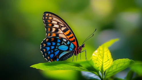 Brilliant butterfly pauses gently on a fresh green leaf