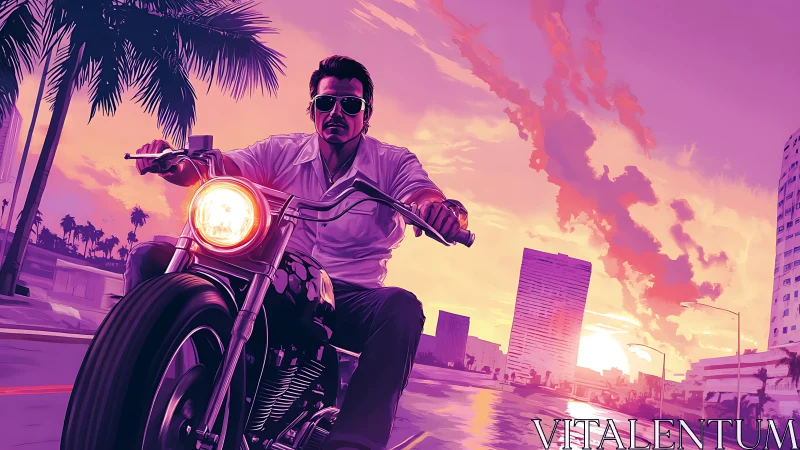 Neon sunset rider speeds through vivid palm city streets.