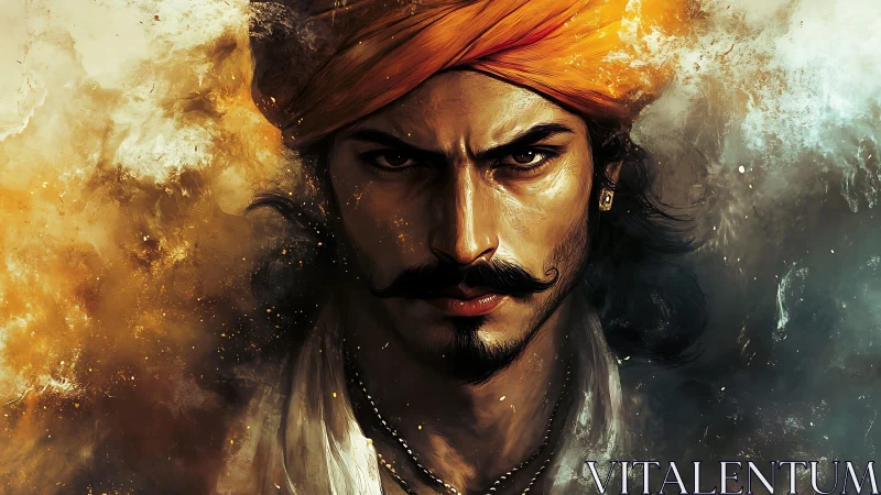 Intense warrior portrait merges painterly light and smoke effects