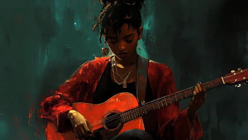 Guitarist in red jacket plays softly against teal backdrop.