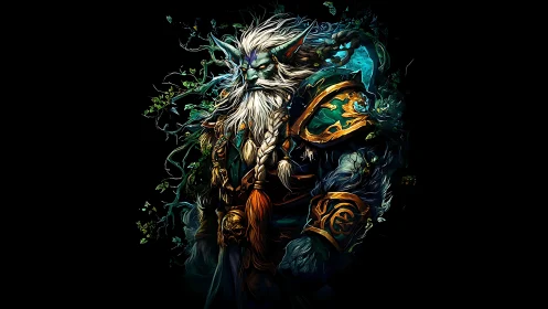 Elf druid warrior with glowing armor in dark forest portrait.
