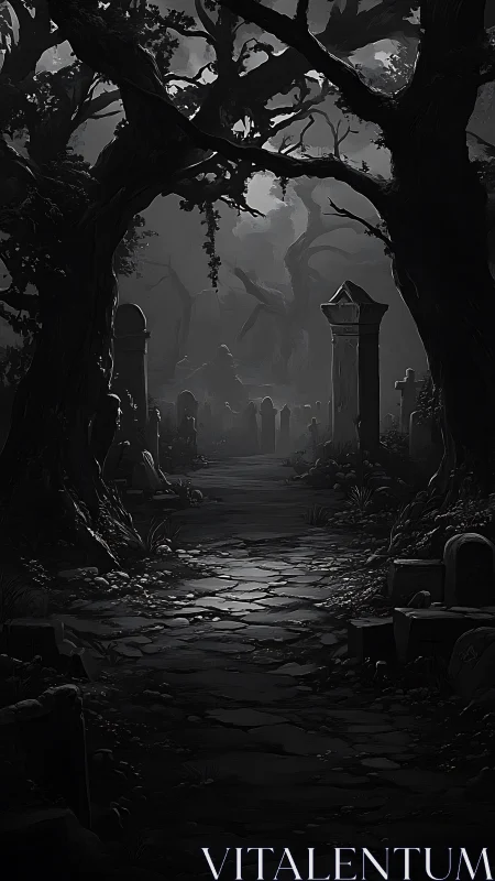 Moonlit graveyard path beneath brooding, twisted trees.