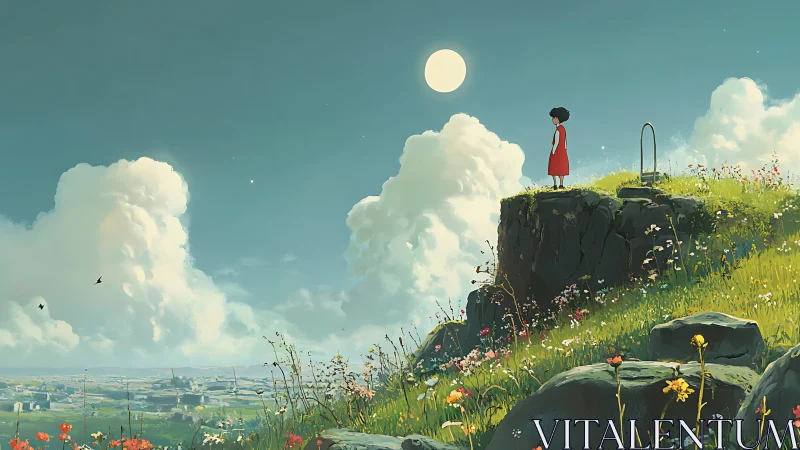 Digital painting of girl on cliff under luminous full moon.