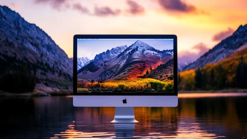 Desktop monitor displays alpine landscape over reflective lake