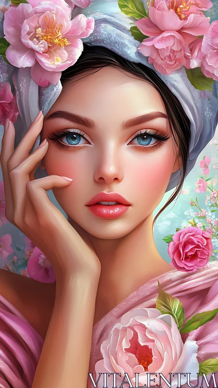 Blossom crowned beauty with bright eyes and soft pink glow.