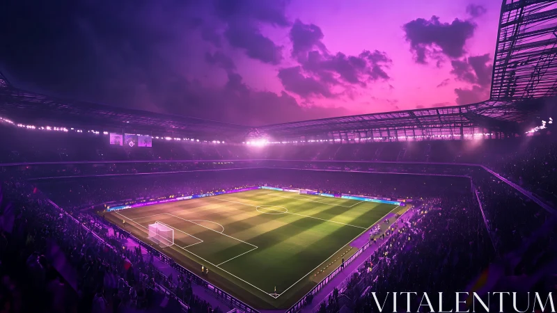 Panoramic floodlit football arena under magenta storm sky.