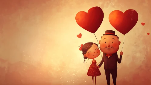 Stylized Couple with Red Heart Balloons in Atmospheric Ambient Light.
