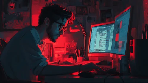 Man works at dual monitors in red and blue lit workspace