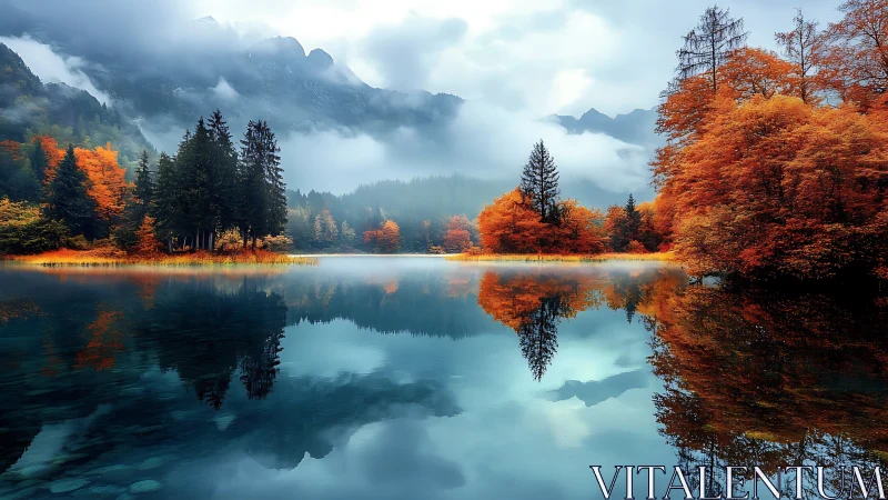 Mountain lake with autumn forest reflected in water.
