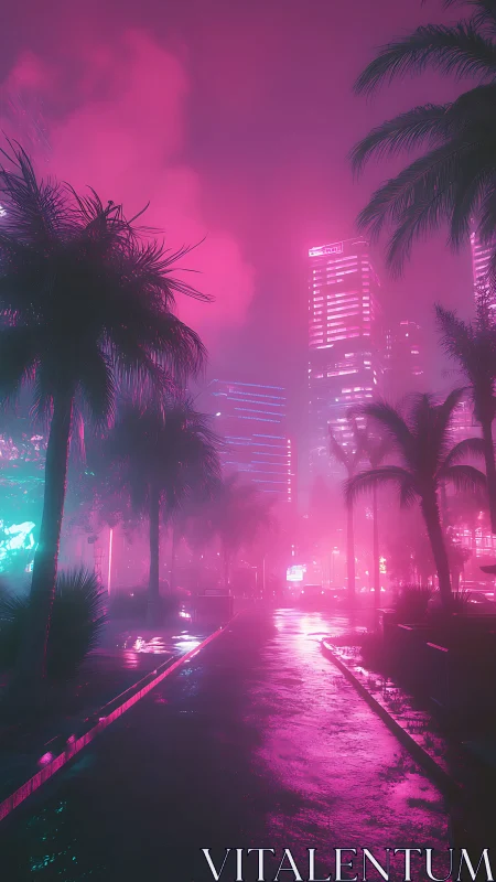 Neon city street reflects pink and blue lights in humid night