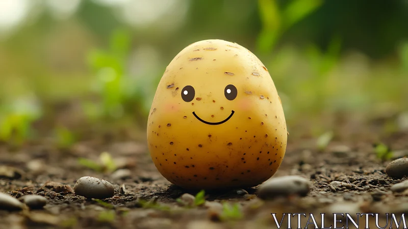 Smiling cartoon potato rendered in shallow-depth 3D style