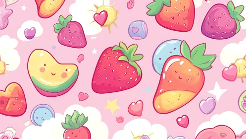 Colorful Fruit and Hearts Kawaii Pattern Design.
