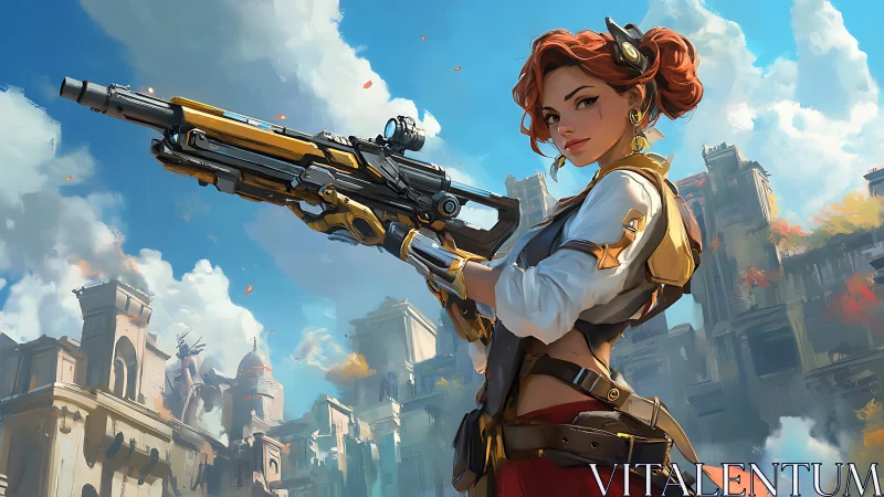 Skyline sentry with a playful grin and sci fi rifle poised.