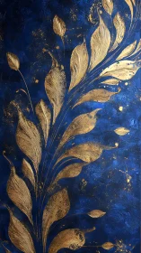 Gold botanical pattern on textured deep blue background.