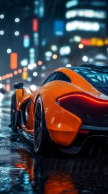 Neon rain crowns an orange supercar in midnight city glare