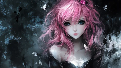 Pink haired anime girl with butterflies on dark abstract background.