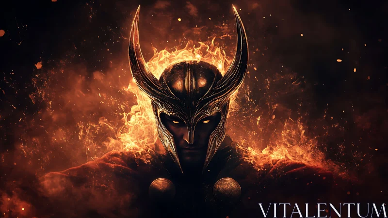 Armored horned warrior emerges from symmetrical fiery volumetric halo