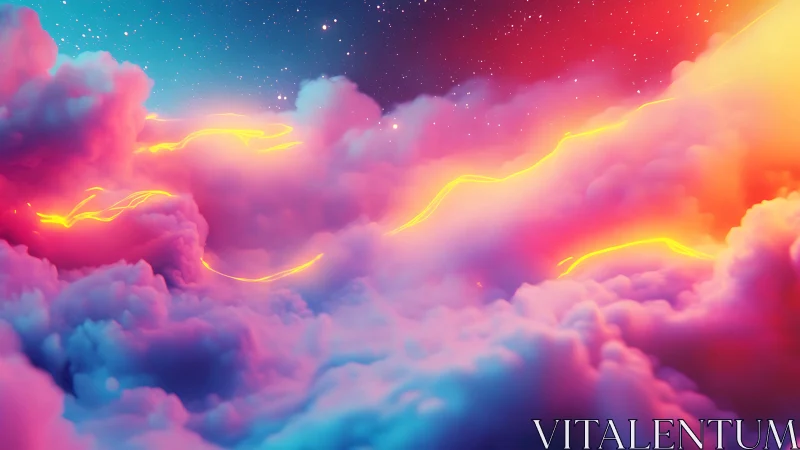 Neon plasma streams threading volumetric cosmic cloudscape.