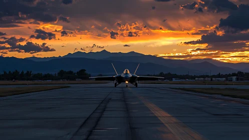 Jet silhouette aligned on runway beneath blazing sunset sky.