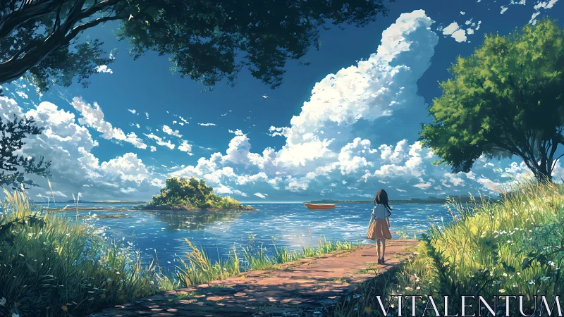 Sunlit lakeside path toward a distant dream-bright island.