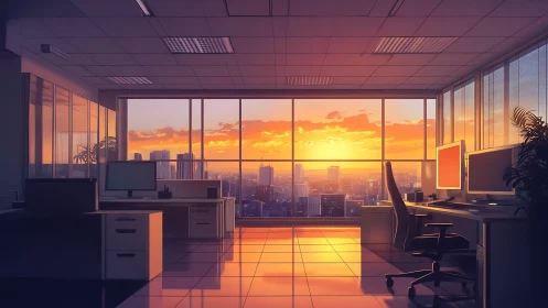 Sunlit open-plan office interior with panoramic sunset skyline