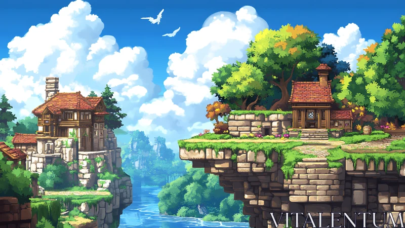 Pixel Art Rendering of Elevated Fantasy Architecture with Stone Platforms and Medieval Buildings