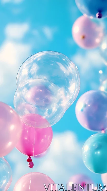 Iridescent bubbles drift through cotton clouds and azure sky