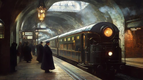 Vintage subway platform with luminous steam locomotive arrival.