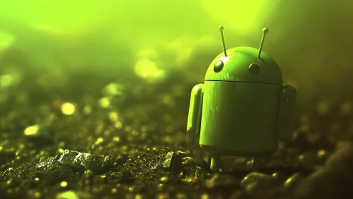 Glossy green robot mascot on luminous macro terrain.