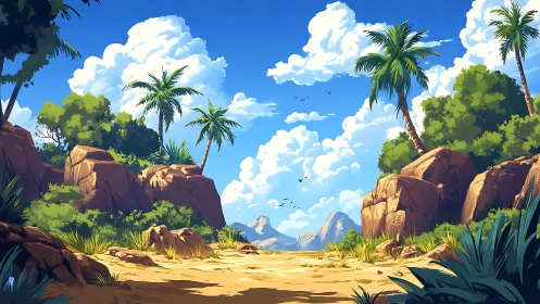 Rendered Desert Landscape: Arid Valley with Palms, Rocky Outcrops