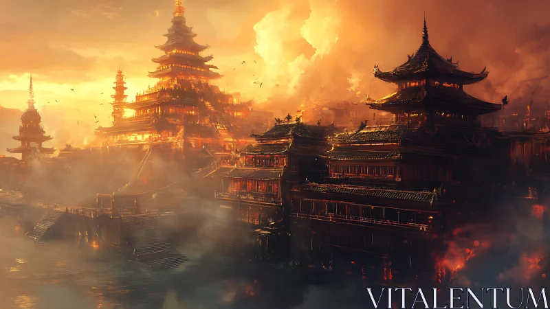 Incandescent tiered pagoda complex in volcanic stormlight.
