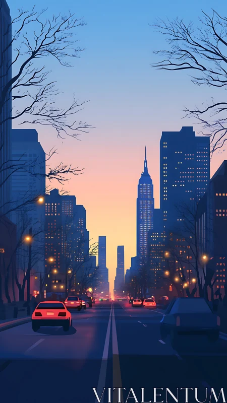 Sunset city avenue with glowing traffic and high-rise silhouettes.