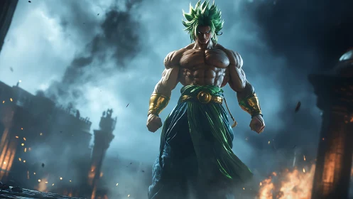 Mythic warrior stands amidst burning ruins in stormy dusk