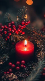 Soft red candlelight glows among winter berries and pine
