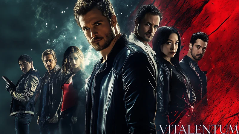 Intense vigilante team stands unified in moody neon smoke