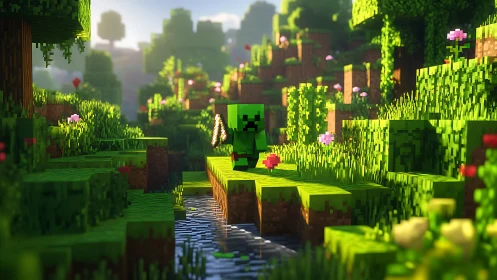 Minecraft-style creeper stands by reflective stream in bright forest