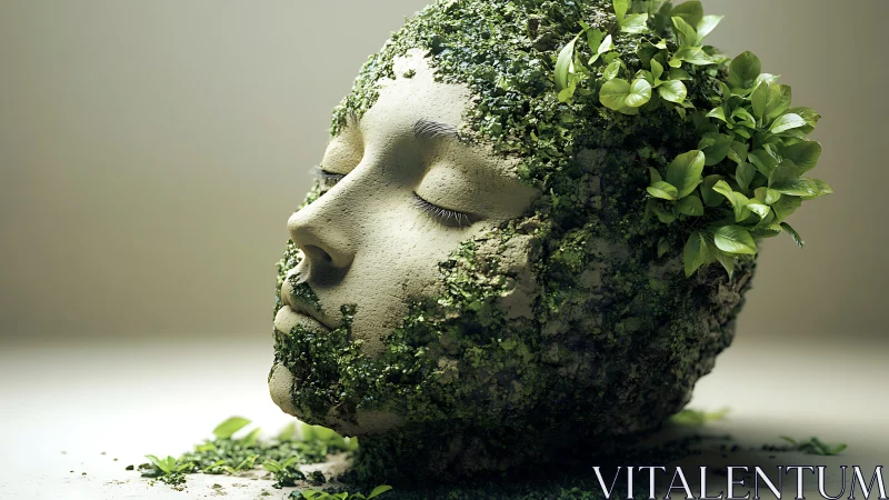 Earthy stone face sculpture overgrown with vivid foliage.